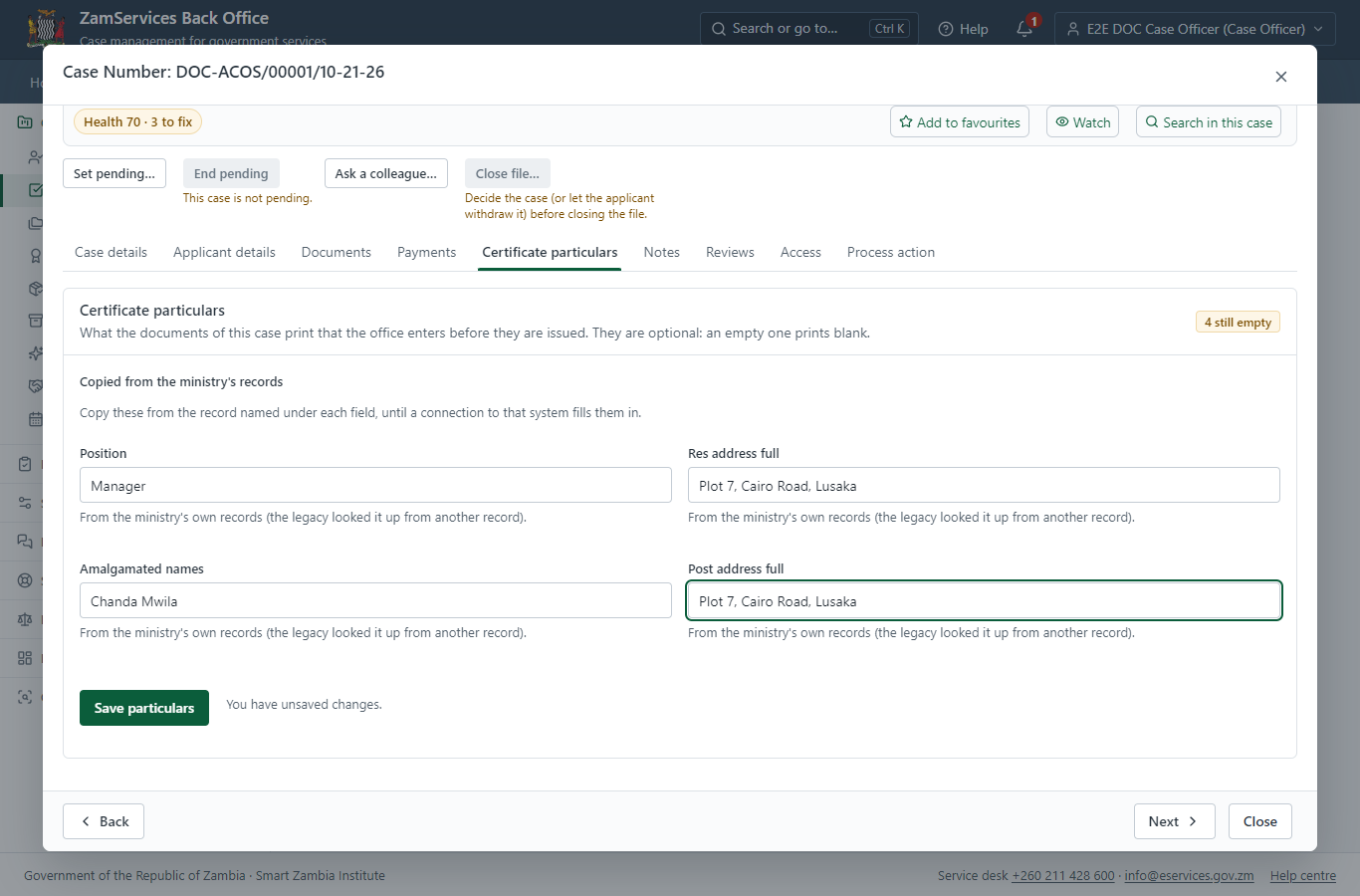 Fill in the certificate particulars (desktop)