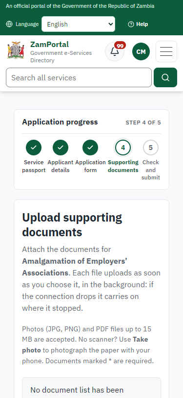 Upload the supporting documents (375 px phone)
