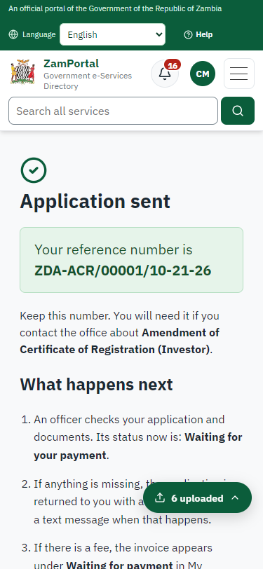 Application sent (375 px phone)