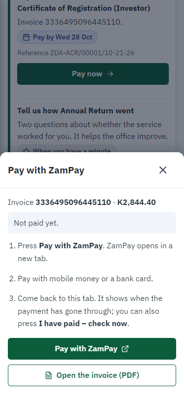 Pay with ZamPay (375 px phone)