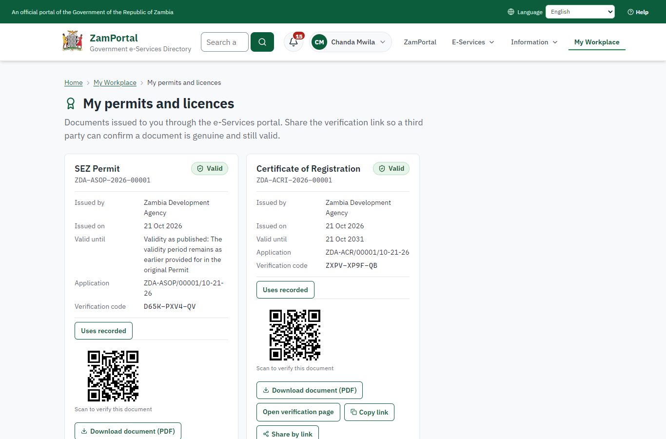 The document in My permits (desktop)