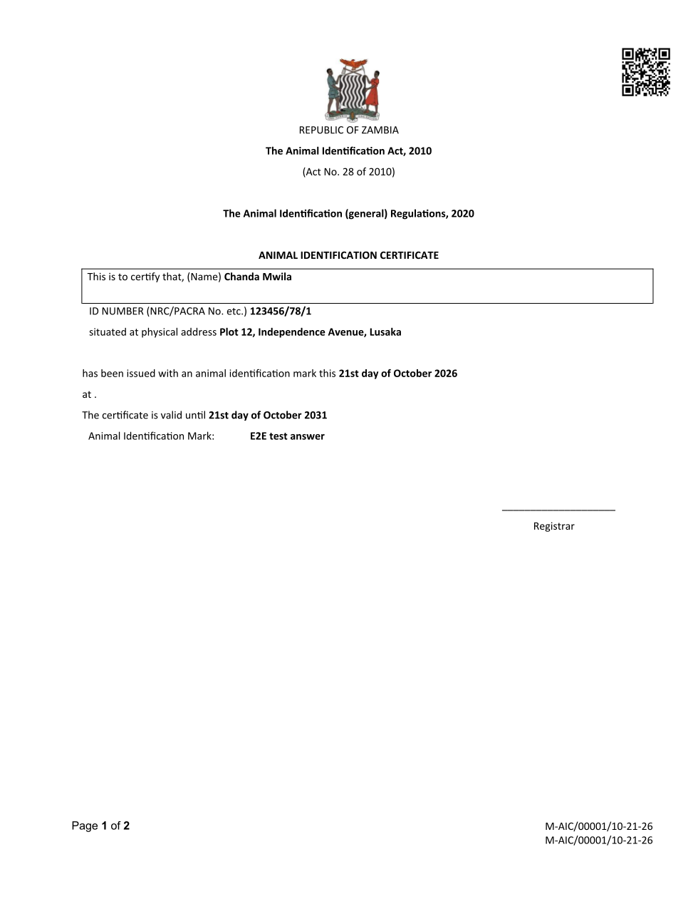 Animal Identification Certificate (sealed PDF)