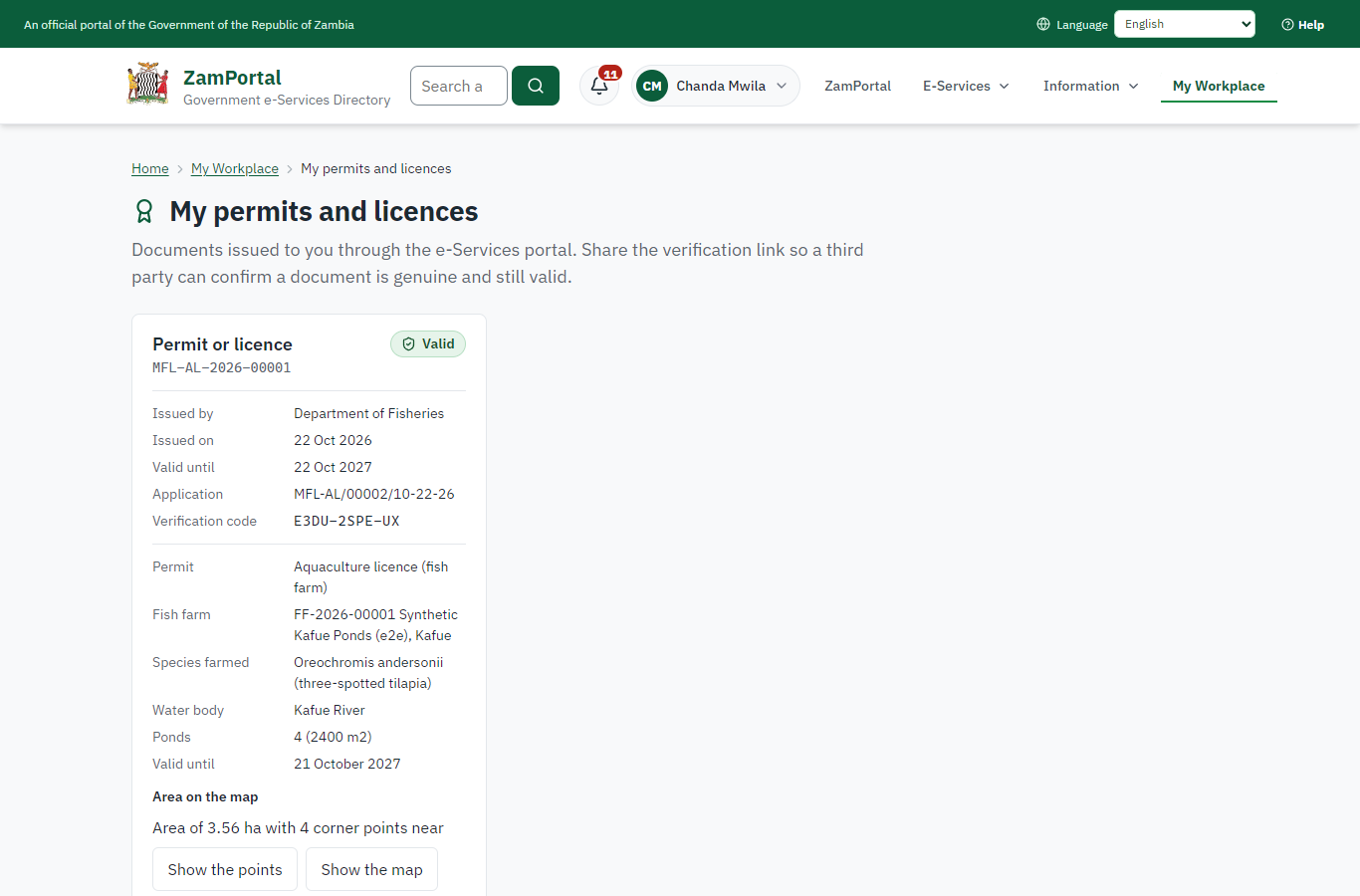 The licence in My permits (desktop)