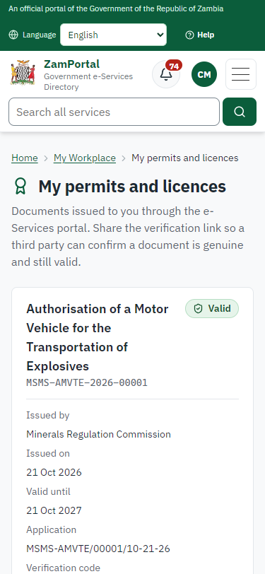 The document in My permits (375 px phone)