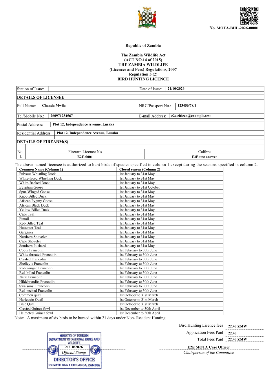 Bird Hunting Licence (sealed PDF)