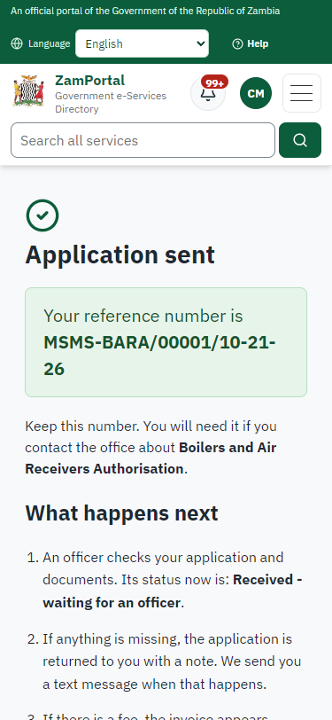 Application sent (375 px phone)
