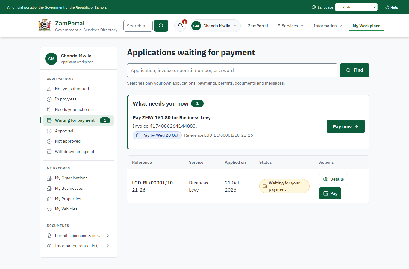 See that the fee is due (desktop)