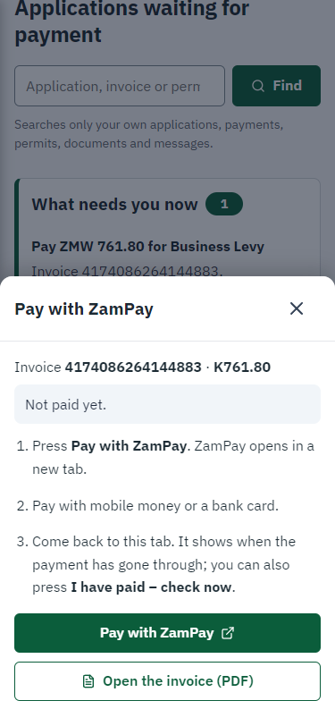 Pay with ZamPay (375 px phone)