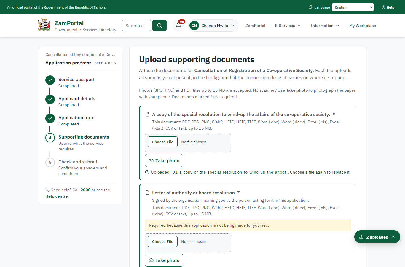 Upload the supporting documents (desktop)