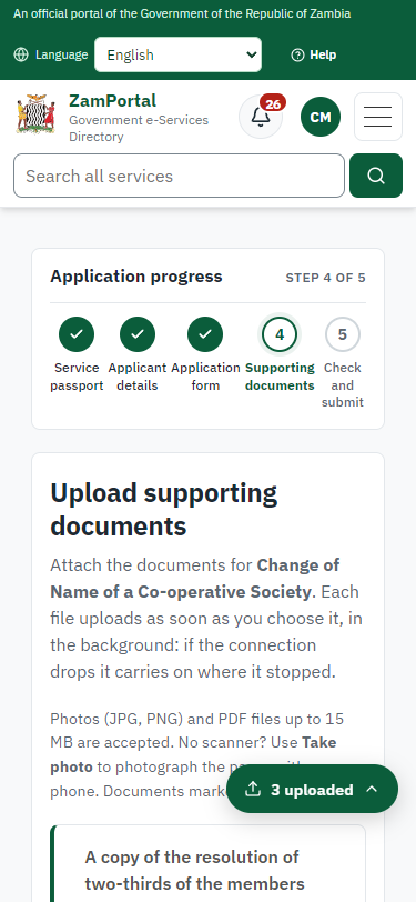 Upload the supporting documents (375 px phone)