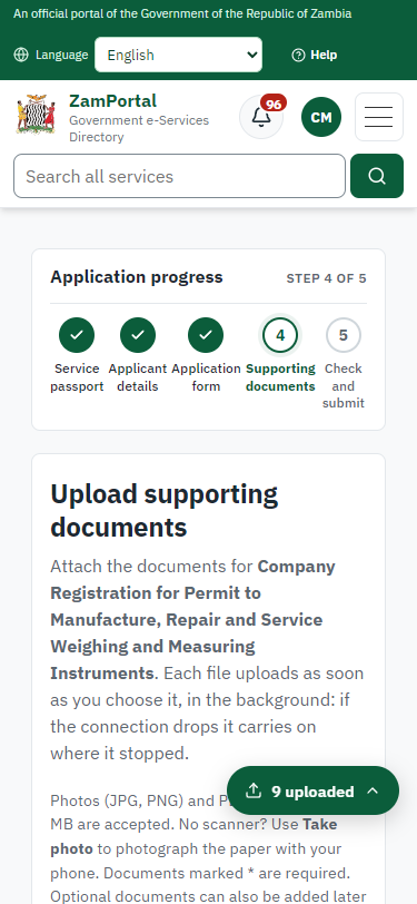 Upload the supporting documents (375 px phone)