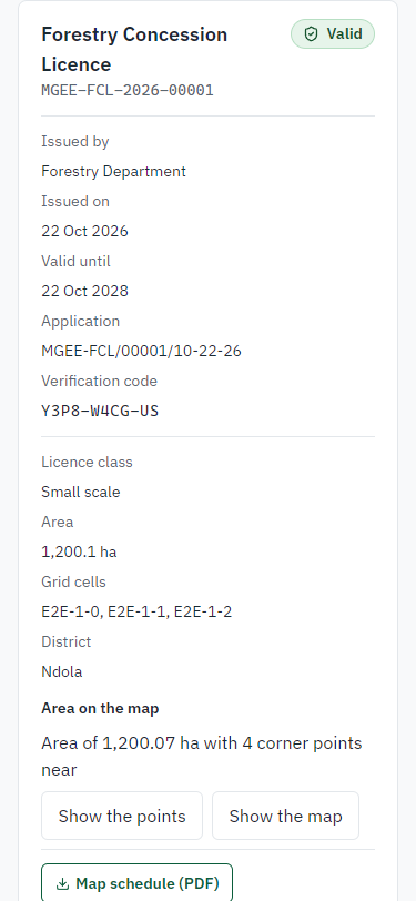 The licence in My permits, with its area (375 px phone)