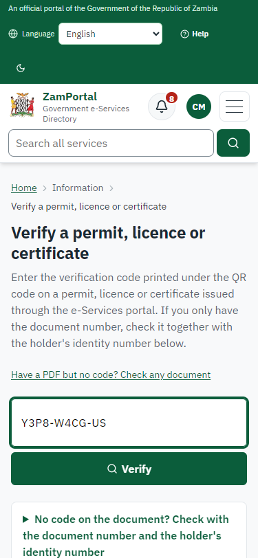 Verify the licence (375 px phone)