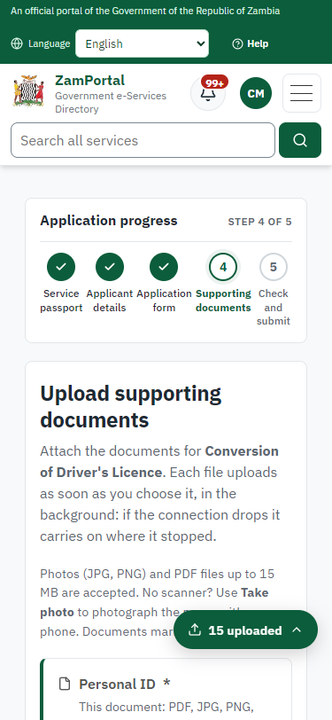 Upload the supporting documents (375 px phone)