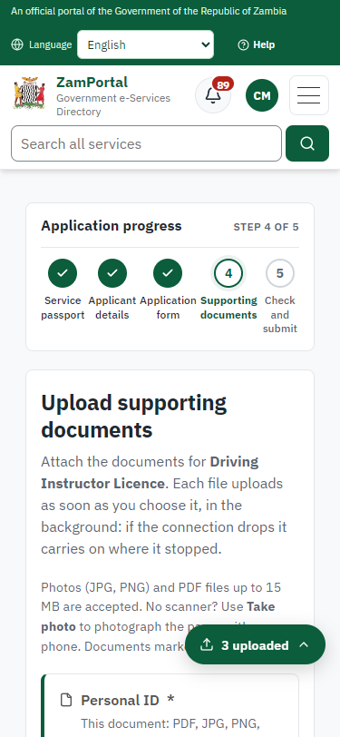 Upload the supporting documents (375 px phone)