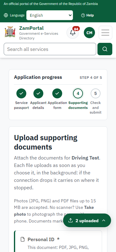 Upload the supporting documents (375 px phone)