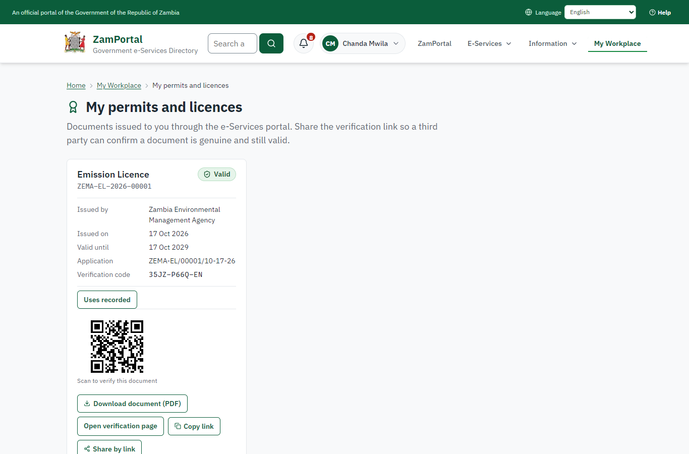 The document in My permits (desktop)