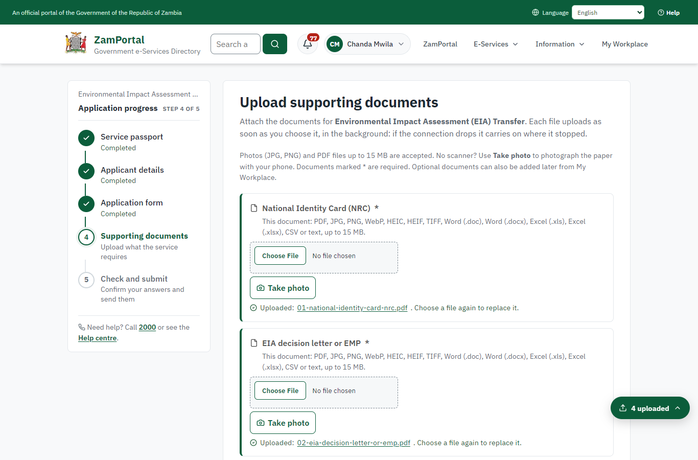 Upload the supporting documents (desktop)