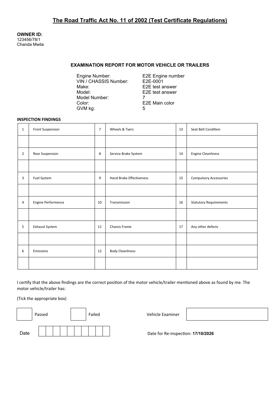 Examination of Motor Vehicle ("Road Fitness Test") (sealed PDF)