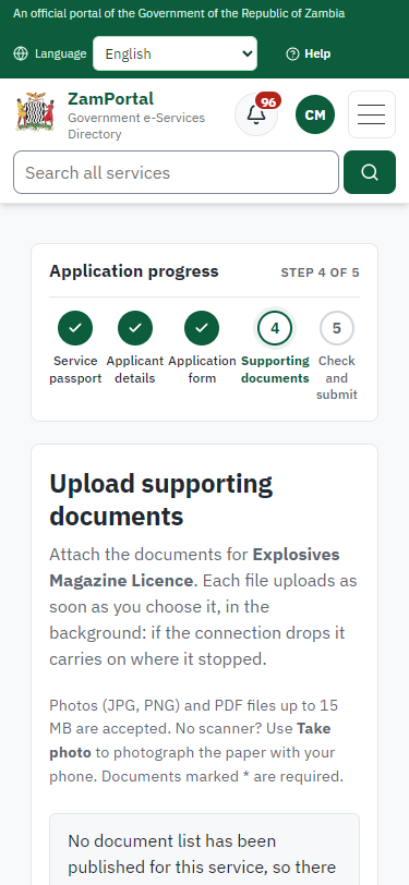 Upload the supporting documents (375 px phone)