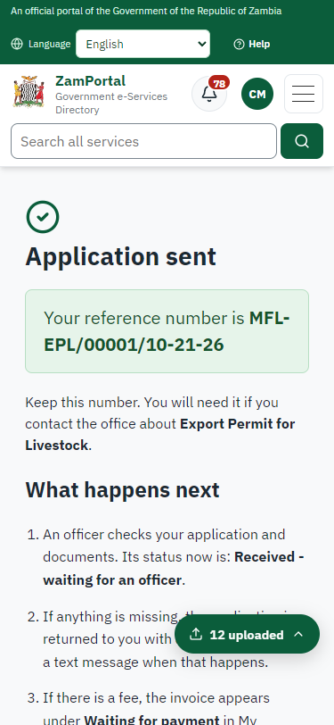 Application sent (375 px phone)