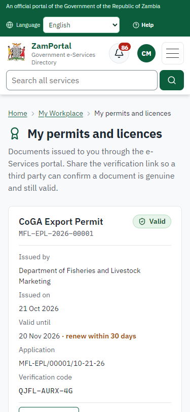 The document in My permits (375 px phone)