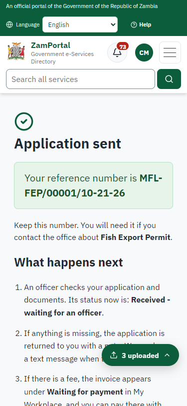 Application sent (375 px phone)