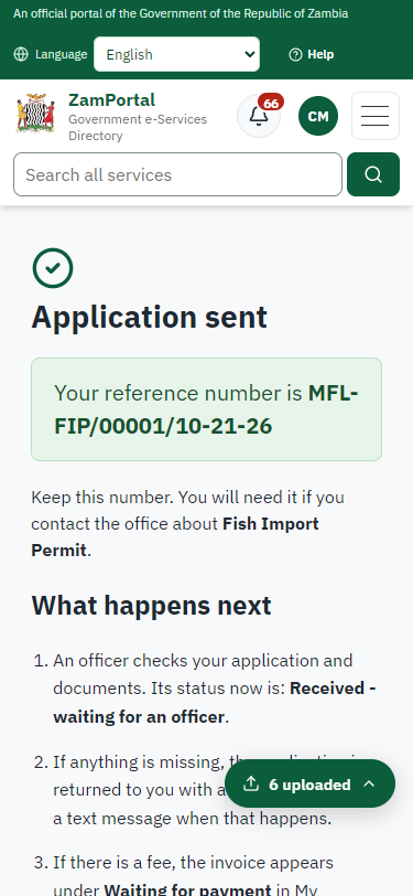 Application sent (375 px phone)
