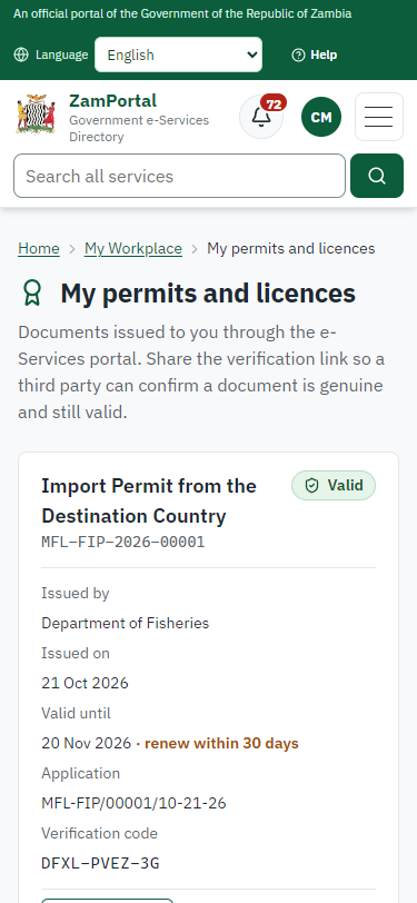 The document in My permits (375 px phone)