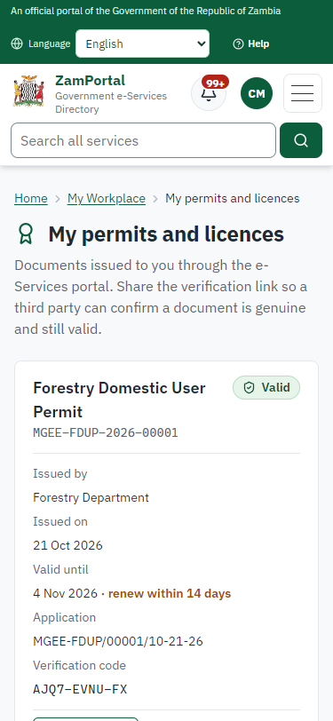 The document in My permits (375 px phone)