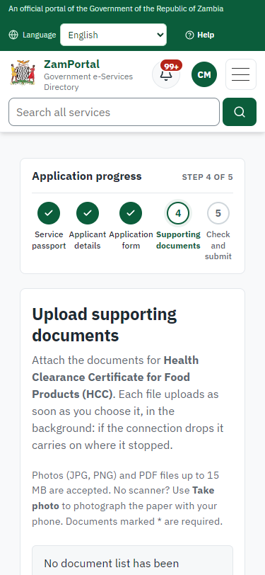 Upload the supporting documents (375 px phone)