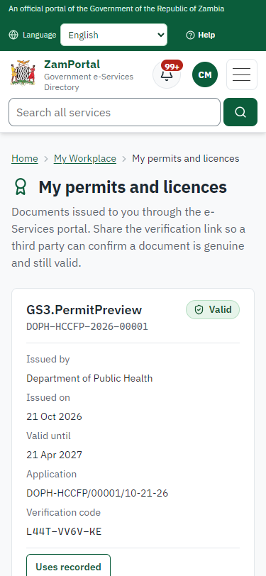 The document in My permits (375 px phone)