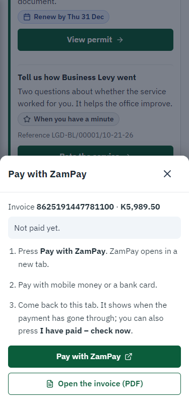 Pay with ZamPay (375 px phone)