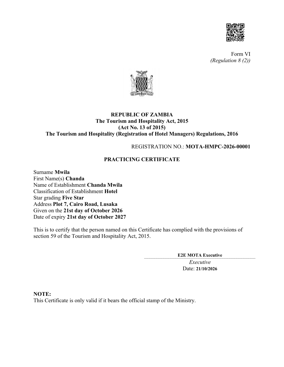 Hotel Manager Practicing Certificate (sealed PDF)