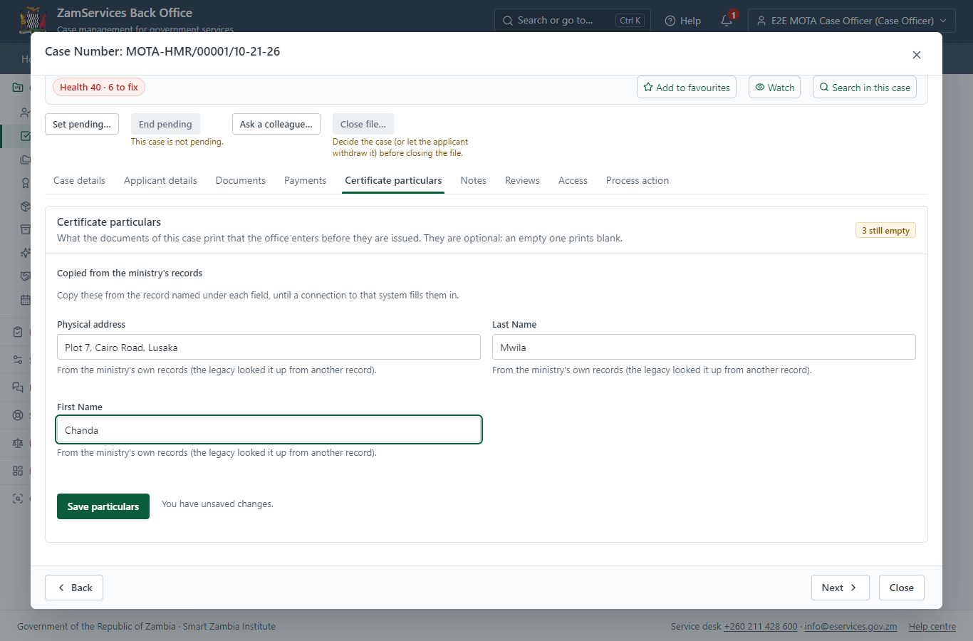 Fill in the certificate particulars (desktop)