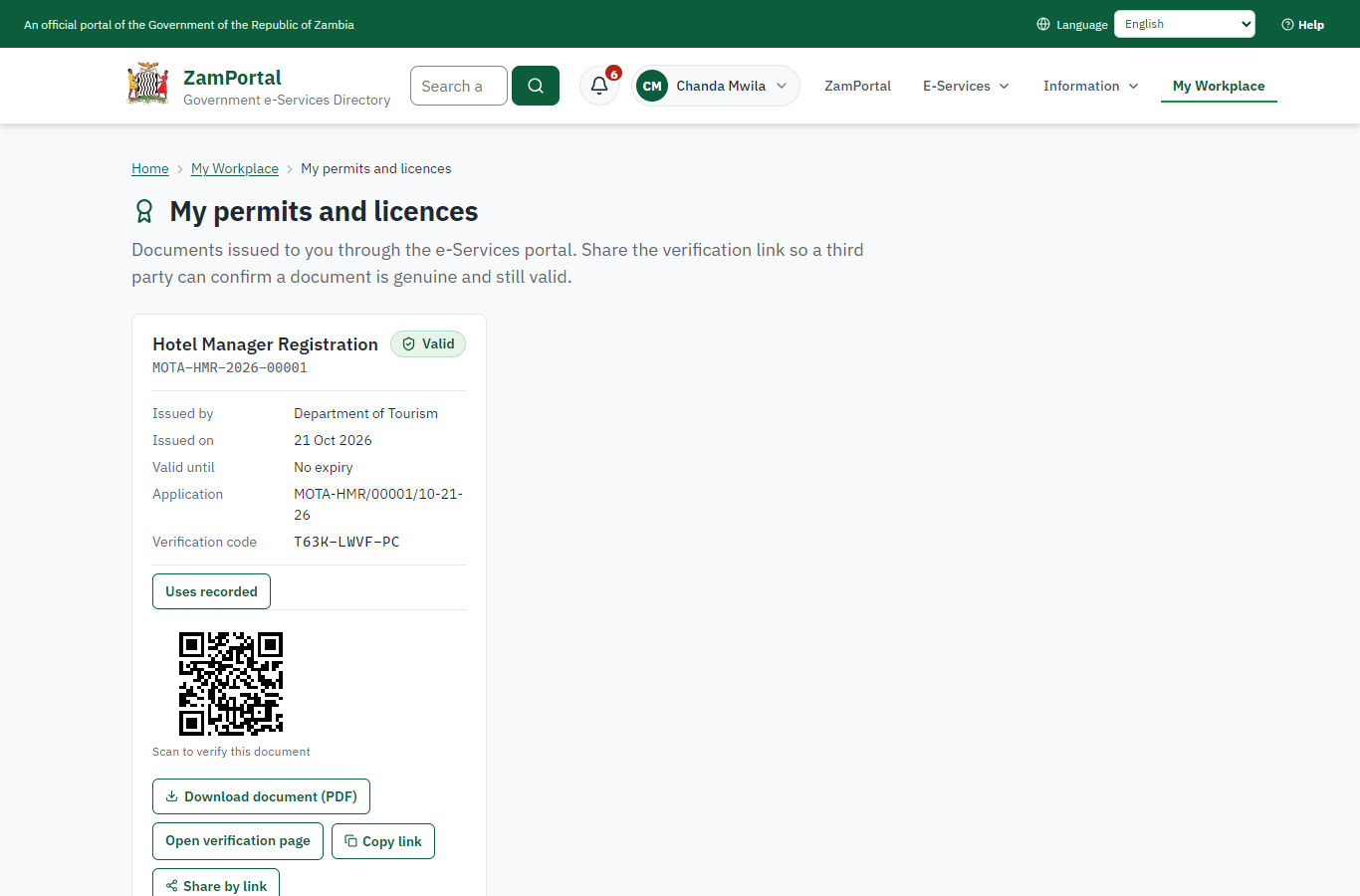 The document in My permits (desktop)