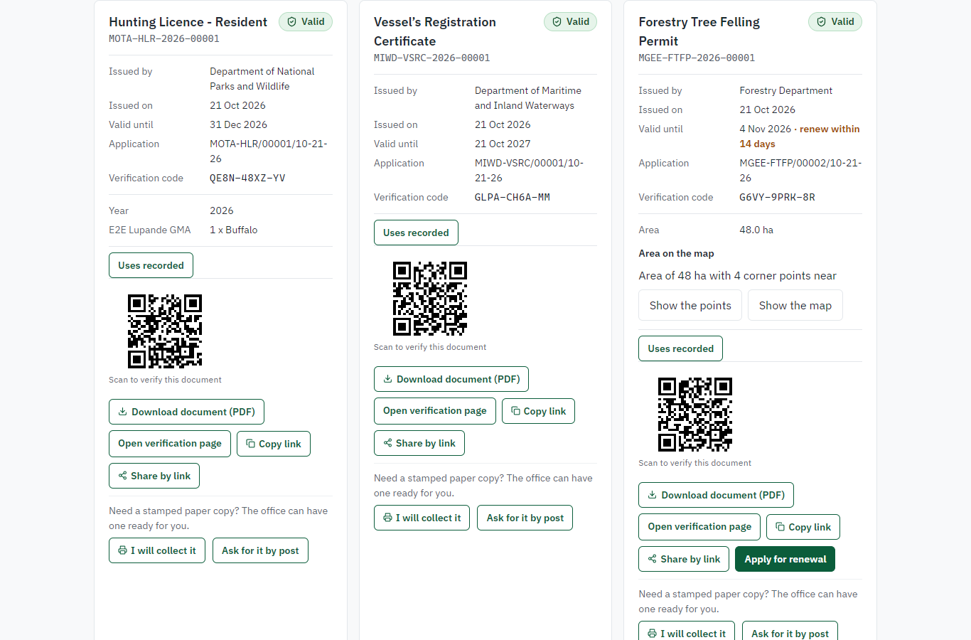 The licence in My permits, with its animals (desktop)
