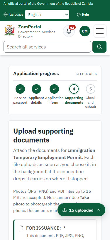 Upload the supporting documents (375 px phone)