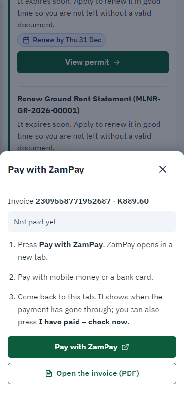 Pay with ZamPay (375 px phone)