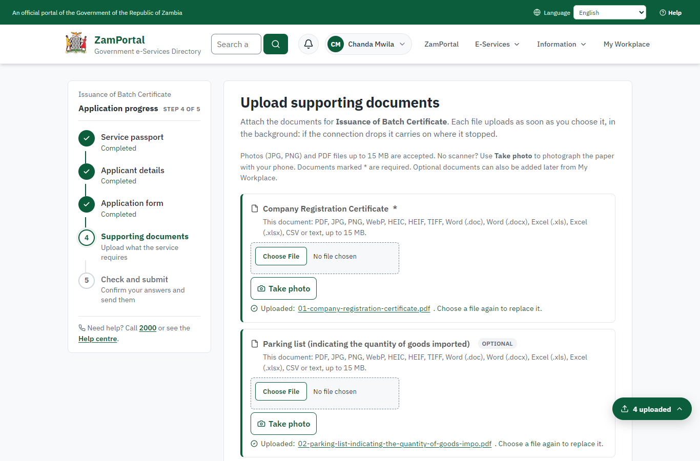 Upload the supporting documents (desktop)