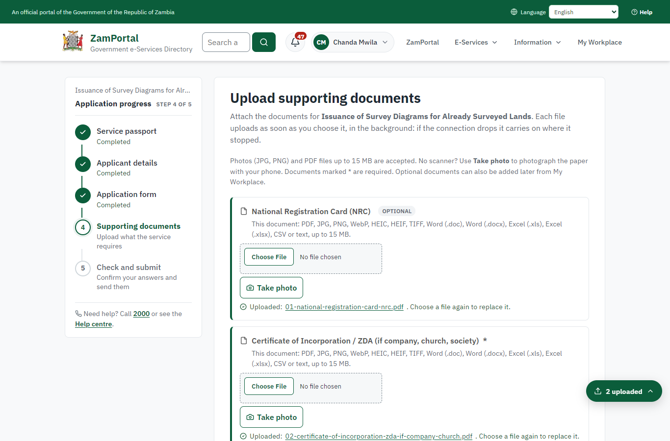 Upload the supporting documents (desktop)