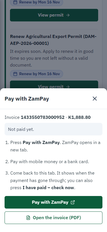 Pay with ZamPay (375 px phone)