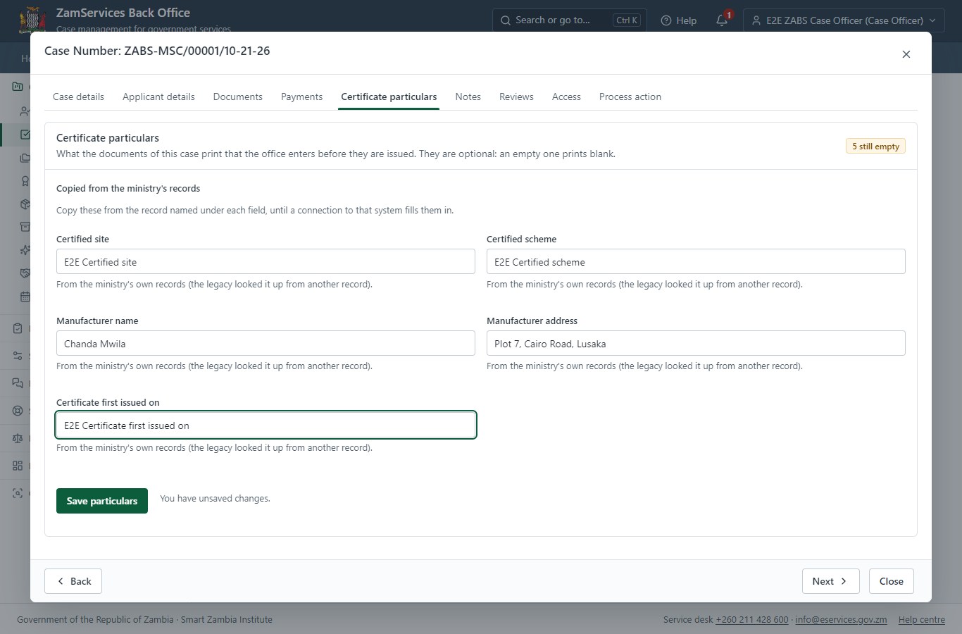 Fill in the certificate particulars (desktop)
