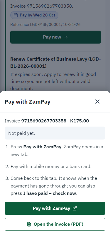 Pay with ZamPay (375 px phone)