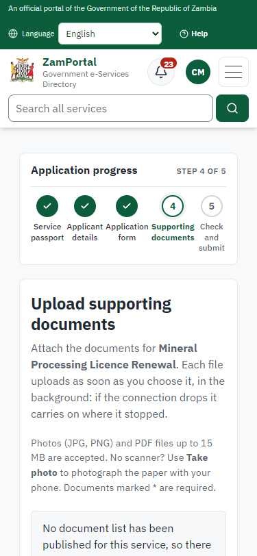 Upload the supporting documents (375 px phone)