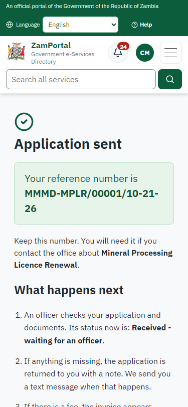 Application sent (375 px phone)