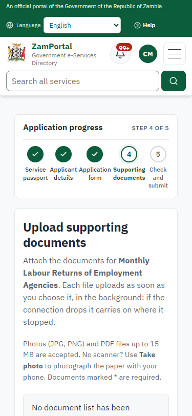 Upload the supporting documents (375 px phone)