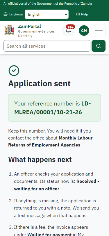 Application sent (375 px phone)