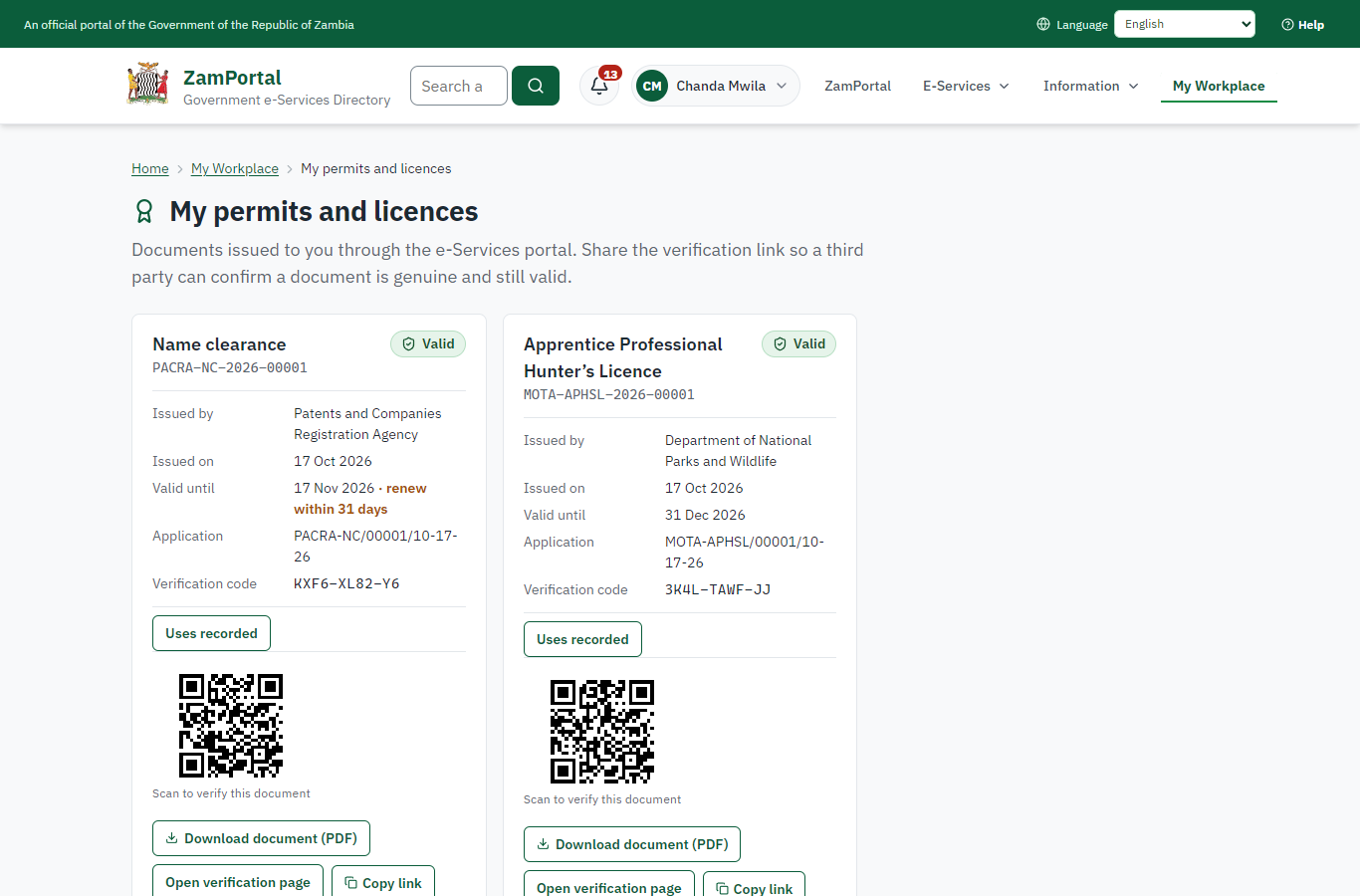 The document in My permits (desktop)