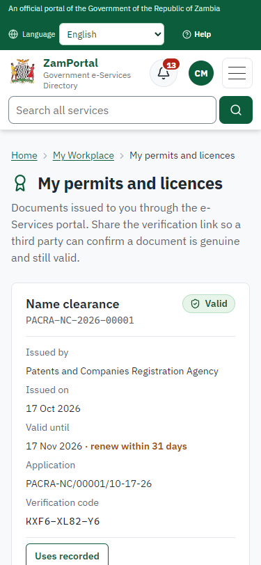 The document in My permits (375 px phone)
